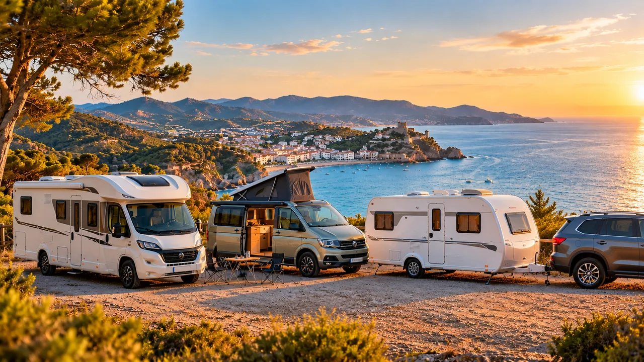 A motorhome, a campervan and a caravan parked above a Mediterranean bay at sunset